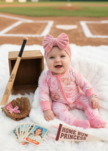 Load image into Gallery viewer, Pink Baseball Bow Print Zip Romper with Fold Over Mittens for Baby Girl