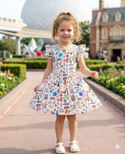 Load image into Gallery viewer, Around the World Girls Flutter Sleeve Dress – Travel &amp; Theme Park Print Boutique Dress