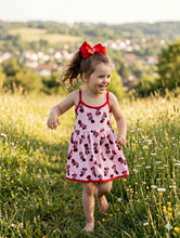 Load image into Gallery viewer, Pink Polka Dot Mouse Bow Print Girls Sundress with Adjustable Straps