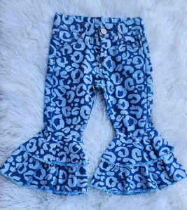 Blue Denim Leopard Bell Bottom Jeans