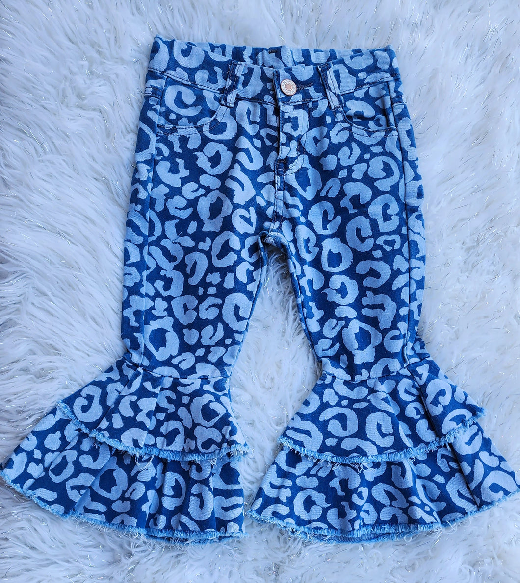 Blue Denim Leopard Bell Bottom Jeans