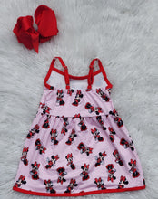Load image into Gallery viewer, Pink Polka Dot Mouse Bow Print Girls Sundress with Adjustable Straps