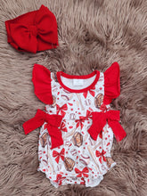 Load image into Gallery viewer, Red Baseball Bow Baby Girl Bubble Romper with Ruffle Sleeves