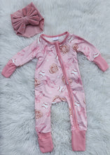 Load image into Gallery viewer, Pink Baseball Bow Print Zip Romper with Fold Over Mittens for Baby Girl