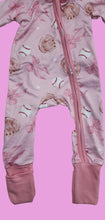 Load image into Gallery viewer, Pink Baseball Bow Print Zip Romper with Fold Over Mittens for Baby Girl