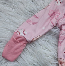 Load image into Gallery viewer, Pink Baseball Bow Print Zip Romper with Fold Over Mittens for Baby Girl