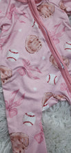 Load image into Gallery viewer, Pink Baseball Bow Print Zip Romper with Fold Over Mittens for Baby Girl