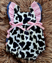 Load image into Gallery viewer, Ruffle Butt Cow Print Bubble Romper