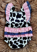 Load image into Gallery viewer, Ruffle Butt Cow Print Bubble Romper