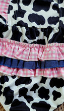 Load image into Gallery viewer, Ruffle Butt Cow Print Bubble Romper