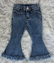 Load image into Gallery viewer, Dark Rinse Fringe Denim Flares