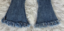Load image into Gallery viewer, Dark Rinse Fringe Denim Flares