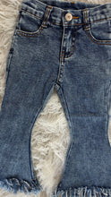 Load image into Gallery viewer, Dark Rinse Fringe Denim Flares
