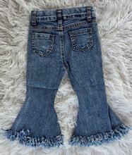 Load image into Gallery viewer, Dark Rinse Fringe Denim Flares