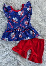 Load image into Gallery viewer, Girls Baseball Ruffle Short Set | Texas Rangers Game Day Boutique Outfit