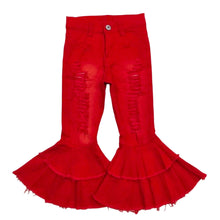 Load image into Gallery viewer, Red Distressed Bell Bottom Jeans
