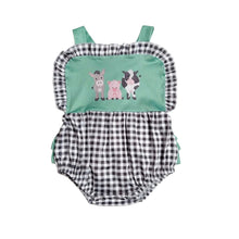 Load image into Gallery viewer, Black Gingham Farm Animals Ruffle Butt Bubble Romper