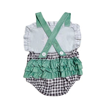 Load image into Gallery viewer, Black Gingham Farm Animals Ruffle Butt Bubble Romper