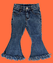 Load image into Gallery viewer, Dark Rinse Fringe Denim Flares