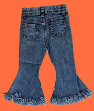 Load image into Gallery viewer, Dark Rinse Fringe Denim Flares
