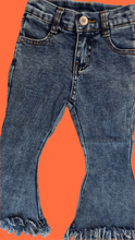 Load image into Gallery viewer, Dark Rinse Fringe Denim Flares