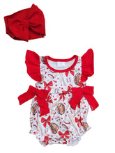 Load image into Gallery viewer, Red Baseball Bow Baby Girl Bubble Romper with Ruffle Sleeves