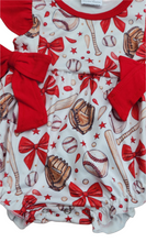 Load image into Gallery viewer, Red Baseball Bow Baby Girl Bubble Romper with Ruffle Sleeves