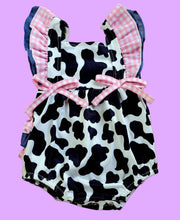 Load image into Gallery viewer, Ruffle Butt Cow Print Bubble Romper