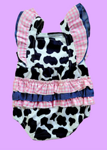 Load image into Gallery viewer, Ruffle Butt Cow Print Bubble Romper