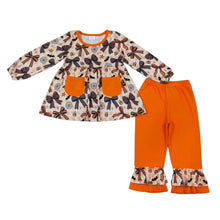Load image into Gallery viewer, Candy Corn &amp; Bows Ruffle Pants Set
