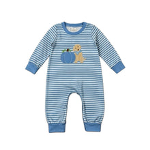 Load image into Gallery viewer, Blue Striped Pumpkin Boys Fall Romper