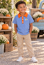 Load image into Gallery viewer, Gingham Embroidered Pumpkins Collared Shirt