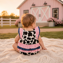Load image into Gallery viewer, Ruffle Butt Cow Print Bubble Romper