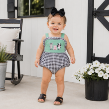 Load image into Gallery viewer, Black Gingham Farm Animals Ruffle Butt Bubble Romper