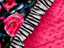 Load image into Gallery viewer, Black Stripe Floral Minky Blanket