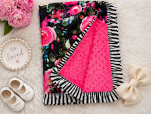 Load image into Gallery viewer, Black Stripe Floral Minky Blanket