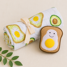 Load image into Gallery viewer, Mud Pie Avocado Toast Muslin Swaddle &amp; Rattle Baby Gift Set