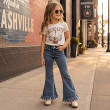 Load image into Gallery viewer, Dark Rinse Fringe Denim Flares