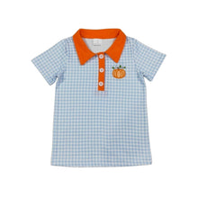 Load image into Gallery viewer, Blue Gingham Embroidered Pumpkin Shirt