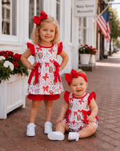 Load image into Gallery viewer, Red Baseball Bow Baby Girl Bubble Romper with Ruffle Sleeves