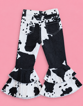 Load image into Gallery viewer, Black Cow Print Bell Bottom Jeans
