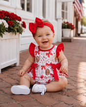 Load image into Gallery viewer, Red Baseball Bow Baby Girl Bubble Romper with Ruffle Sleeves
