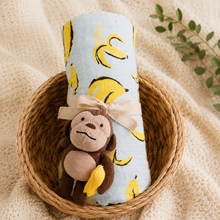 Load image into Gallery viewer, Mud Pie Banana Muslin Swaddle &amp; Monkey Rattle Baby Gift Set