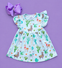 Load image into Gallery viewer, Girls Llama &amp; Cactus Flutter Sleeve Dress
