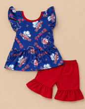Load image into Gallery viewer, Girls Baseball Ruffle Short Set | Texas Rangers Game Day Boutique Outfit