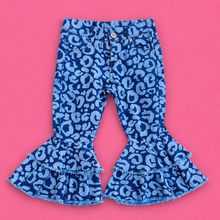 Load image into Gallery viewer, Blue Leopard Denim Bell Bottom Jeans