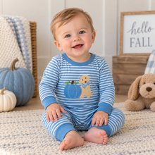Load image into Gallery viewer, Blue Striped Pumpkin Boys Fall Romper