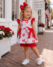 Load image into Gallery viewer, Red Baseball Bow Ruffle Shorts Outfit Set for Baby &amp; Toddler Girls