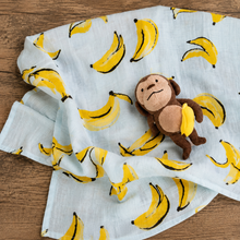 Load image into Gallery viewer, Mud Pie Banana Muslin Swaddle &amp; Monkey Rattle Baby Gift Set