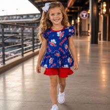 Load image into Gallery viewer, Girls Baseball Ruffle Short Set | Texas Rangers Game Day Boutique Outfit